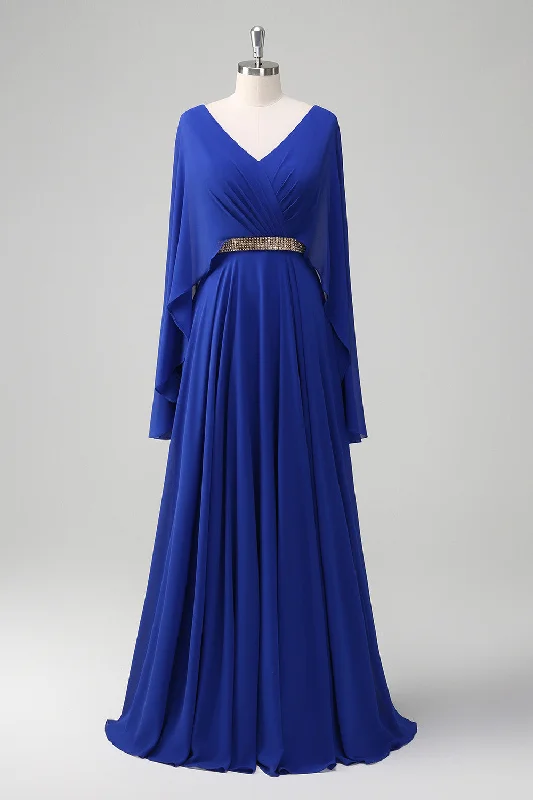 Casual Dresses for Everyday -Royal Blue A Line V-neck Chiffon Long Mother Dress with Belt