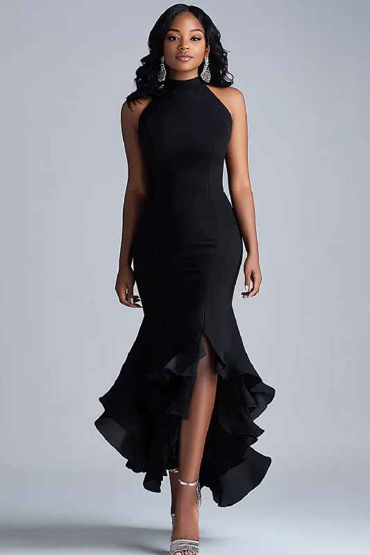 Work Dresses for Professional -Black Ruffles Mermaid Halter Neck Long Gala Dress with Slit