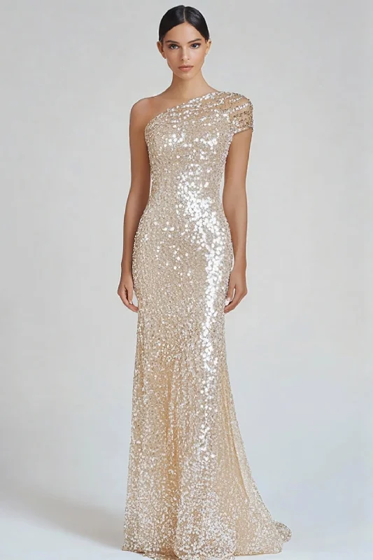 Khaki Dresses for Casual -Sparkly Champagne Mermaid One Shoulder Formal Dress with Sequins