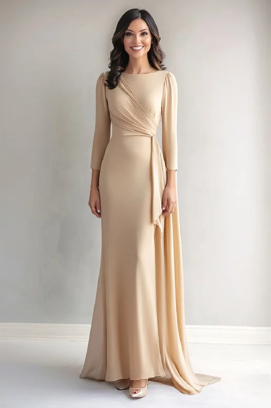 Leather Dresses for Luxury -Champagne Long Sleeve Ruched Mother of the Bride Dress