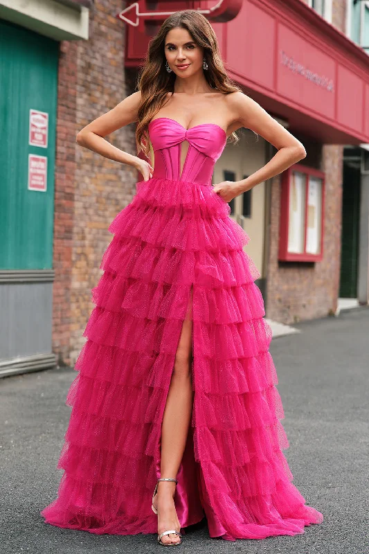 Off-shoulder Dresses for Feminine -Fuchsia Princess Strapless Cut Out Tiered Tulle Long Prom Dresses