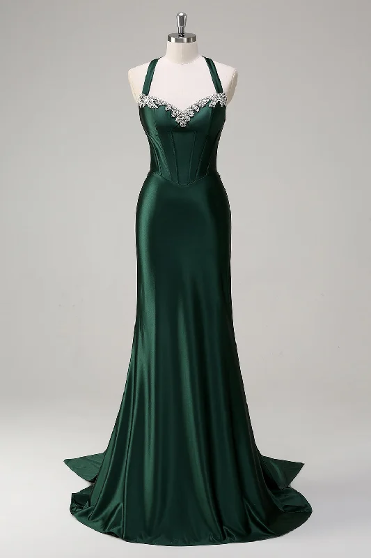 Faux Leather Dresses for Affordable -Sparkly Dark Green Mermaid Halter Corset Sequin Prom Dress