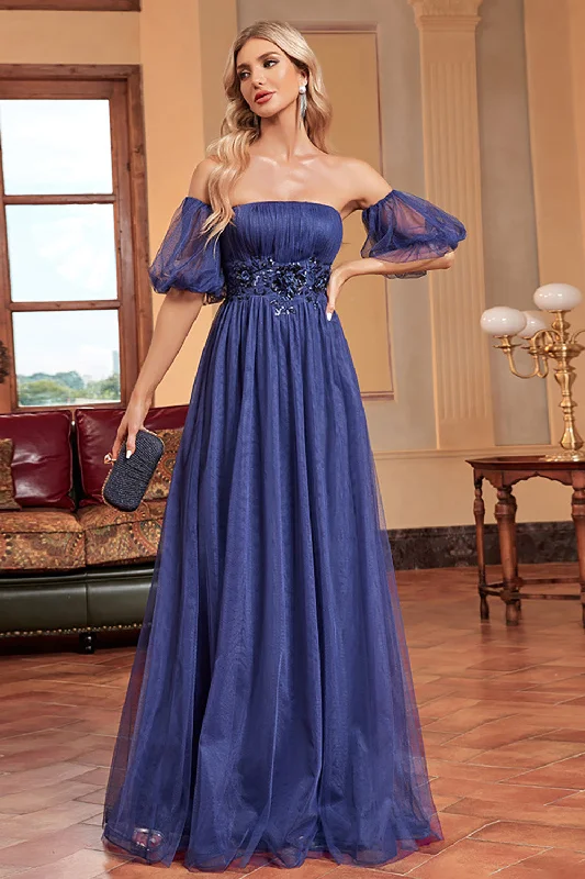 Floral Dresses for Romantic -Navy A Line Removable Sleeves Pleated Long Prom Dress