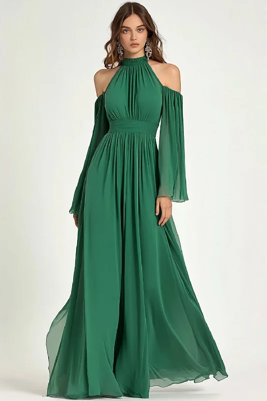 Flared Dresses for Retro -Green A Line Cold Shoulder Halter Long Mother Of the Bride Dress