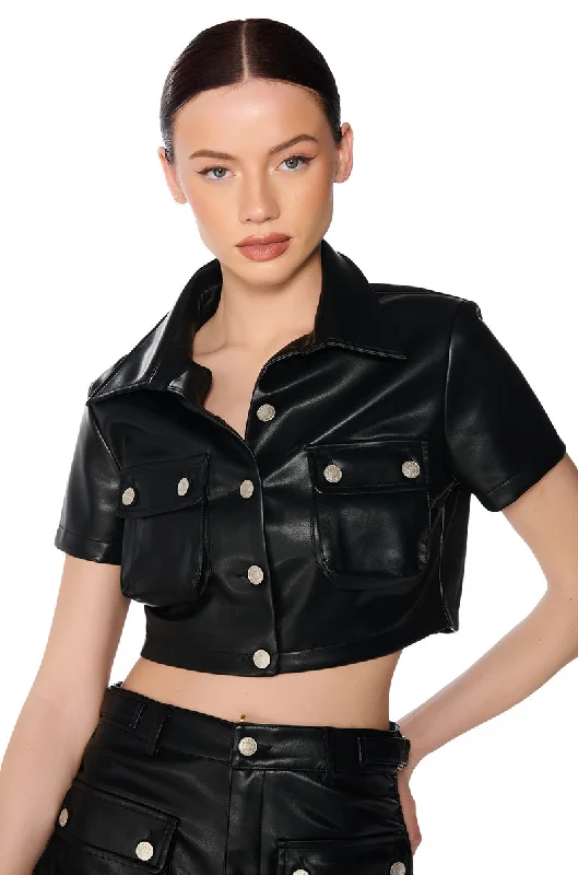 Push Back Blouses for Convenience -LIMITED EDITION FAUX LEATHER BUTTON DOWN SHIRT