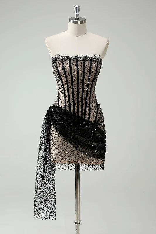 Punk Dresses with Spikes -Sparkly Black Strapless Sequin Short Prom Dress with Streamer