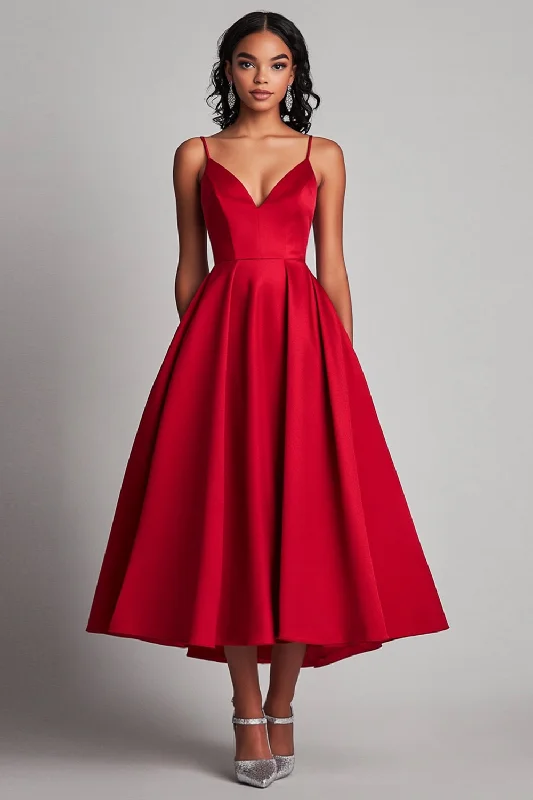 Silk Dresses for Luxurious -Red Satin A-Line Tea Length Formal Dress