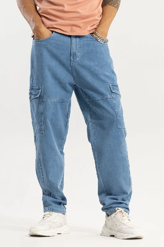 Cargo Pants with Cargo Pockets for Rock Climbing -Wizie Blue Baggy Fit Jeans