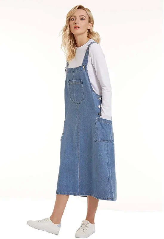 Mini Dresses for Youthful Look -Women's Cargo Pocket Denim Jumper Overall Dress