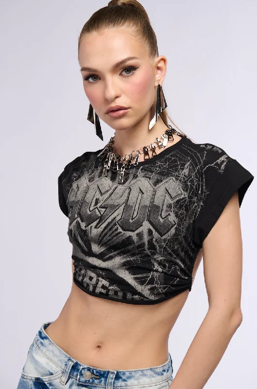 High Neck Blouses for Modest -ACDC OPEN TIE BACK CROPPED T SHIRT