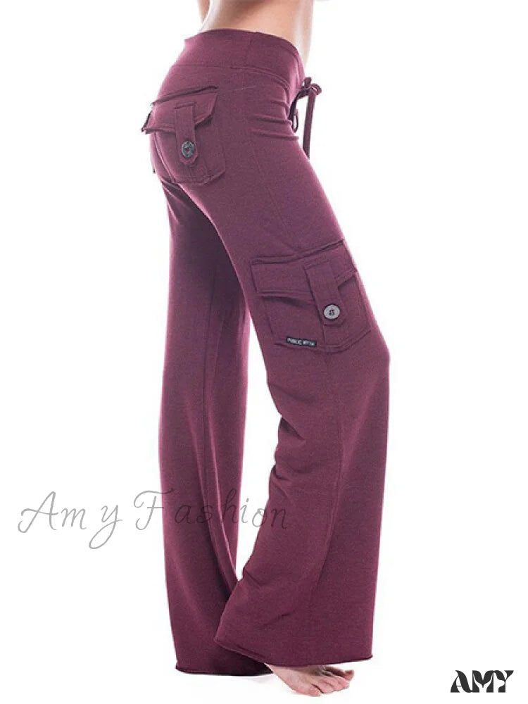 Cargo Pants with Cargo Pockets for School -Amy Fashion - Solid Color Cargo Jogger Drawstring Elastic Waist Trousers