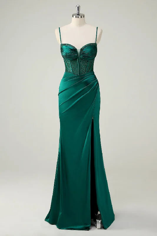 Punk Dresses with Spikes -Dark Green Mermaid Spaghetti Straps Corset Long Prom Dress With Slit