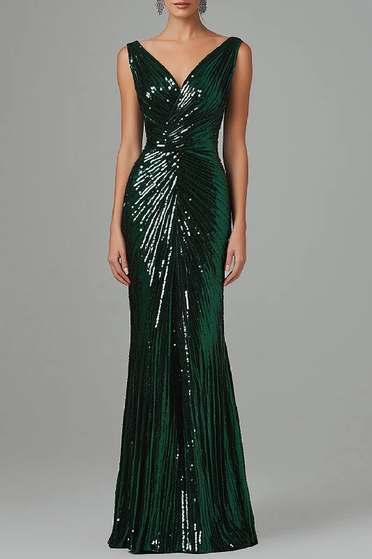 Orange Dresses for Energetic -Dark Green Mermaid V-Neck Sequins Pleated Formal Dress