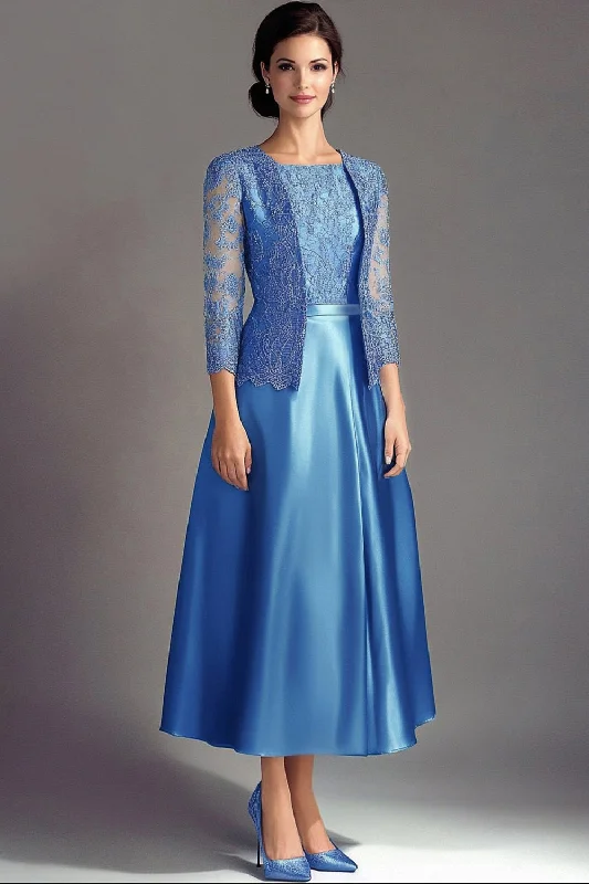 Fringed Dresses for Edgy -Blue A Line Lace Satin Long Sleeves Mother Of The Bride Dress