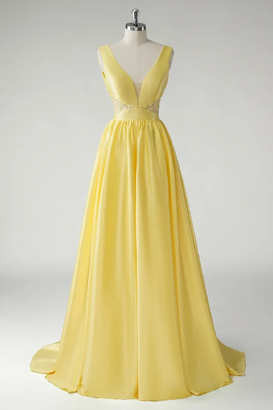 Tiered Dresses for Voluminous -Yellow A Line Deep V-Neck Long Prom Dress