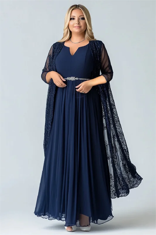 Purple Dresses for Royalty -Navy Ruched Chiffon A Line Long Sleeves Mother of The Bride Dress with Shawl