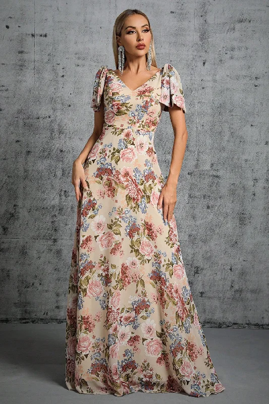 Casual Dresses for Everyday -Light Khaki Floral Printed A-Line V-neck Long Prom Dress