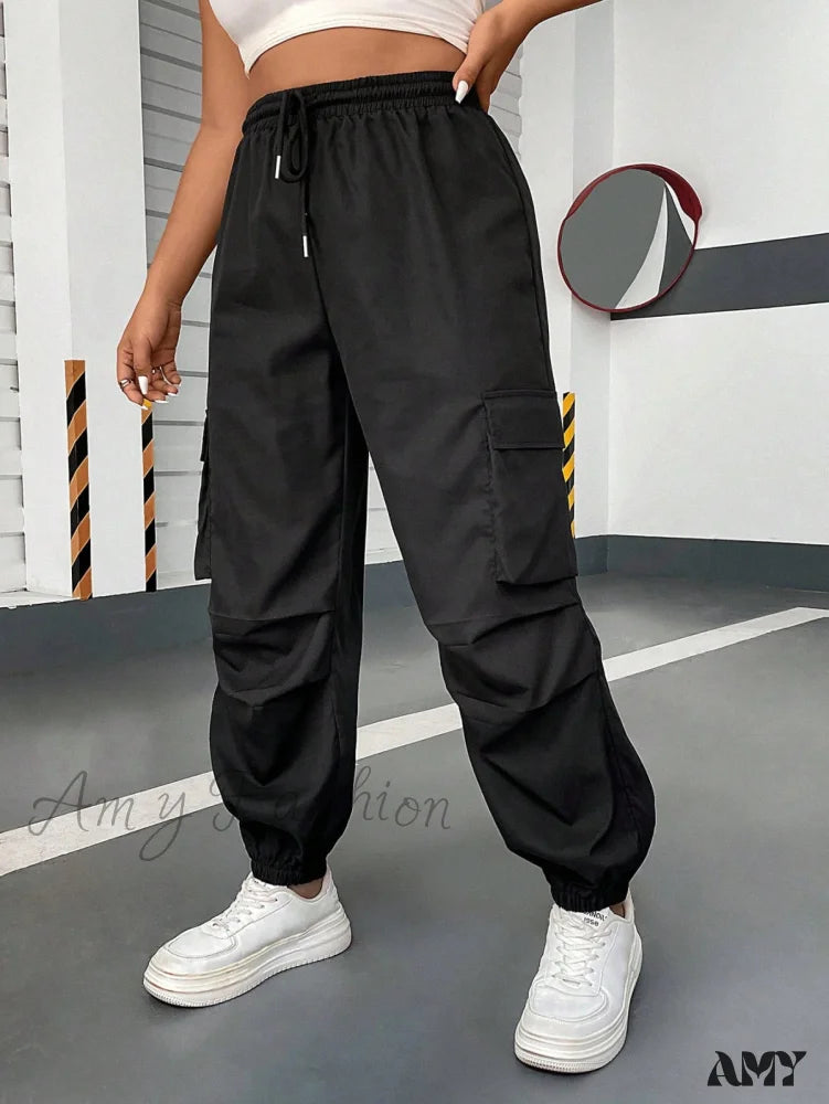 Cargo Pants with Cargo Pockets on Both Legs -Amy Fashion - Flap Pocket Side Drawstring Waist Cargo Pants