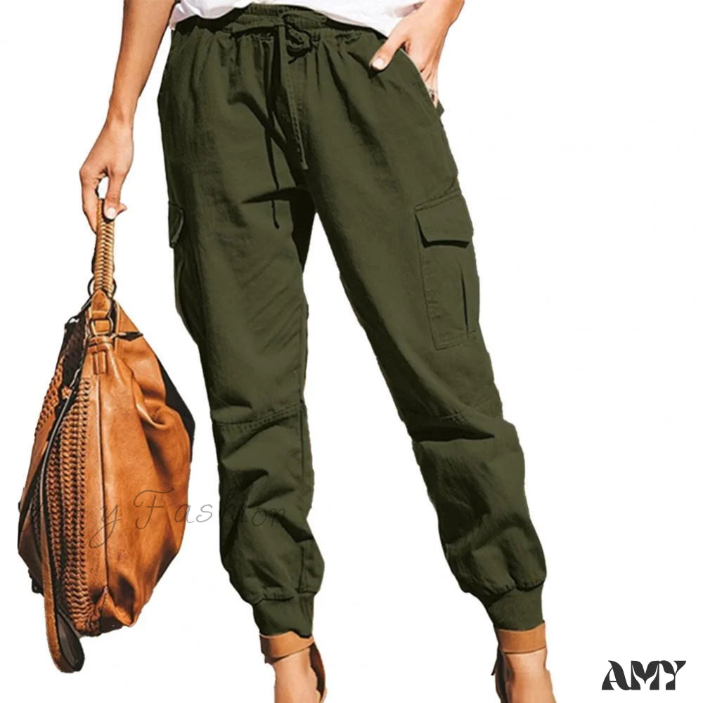 Cargo Pants with Cargo Pockets for Work -Amy Fashion - Pockets Ankle Tied Trousers Office Women Pants