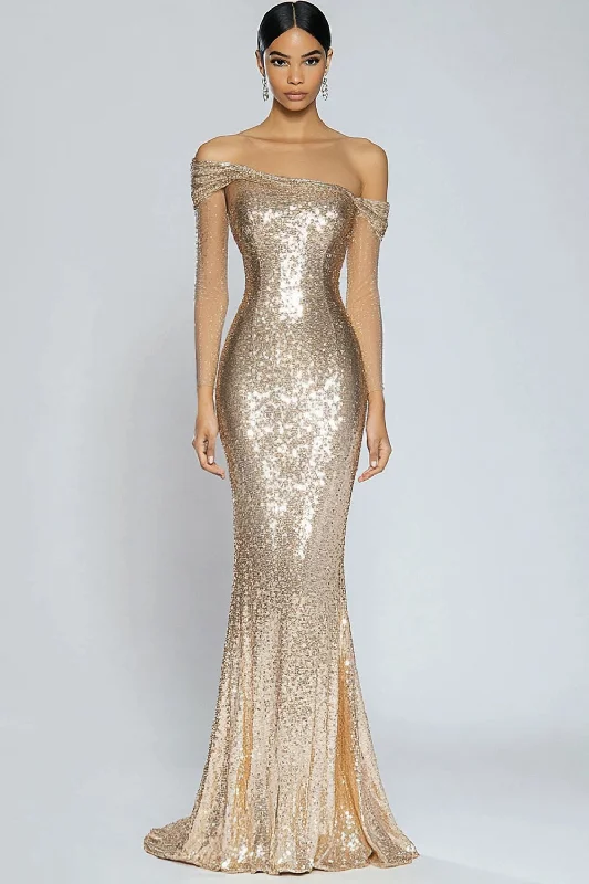 Gray Dresses for Subtle -Sparkly Champagne Mermaid Off the Shoulder Sequins Long Formal Dress