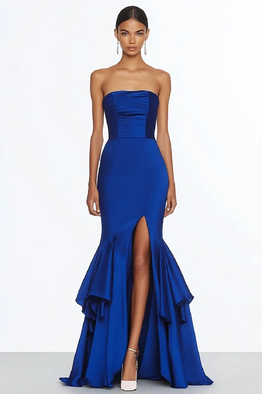 Pink Dresses for Feminine -Mermaid Strapless Royal Blue Satin Long Formal Dress with Slit