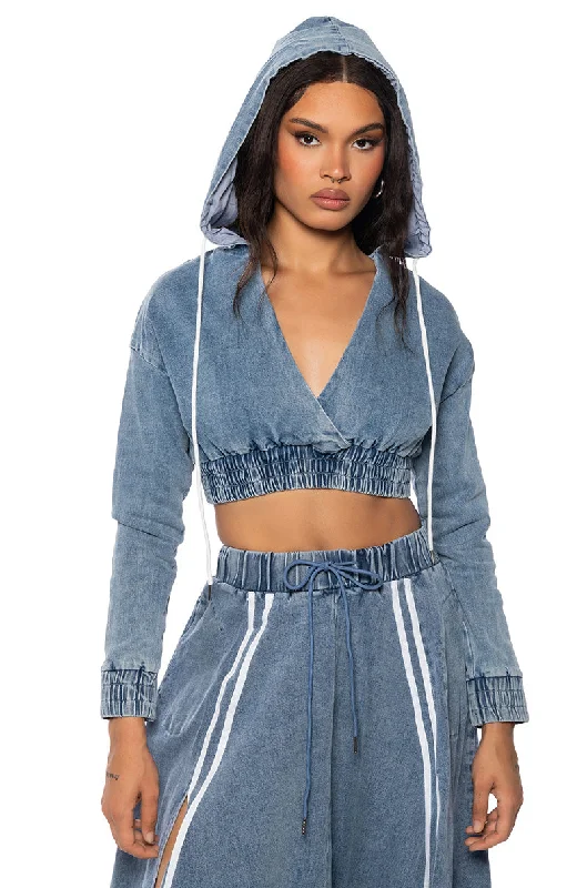 Party Blouses for Night Out -SWEET NOTHINGS STRIPED DENIM HOODED SWATSHIRT