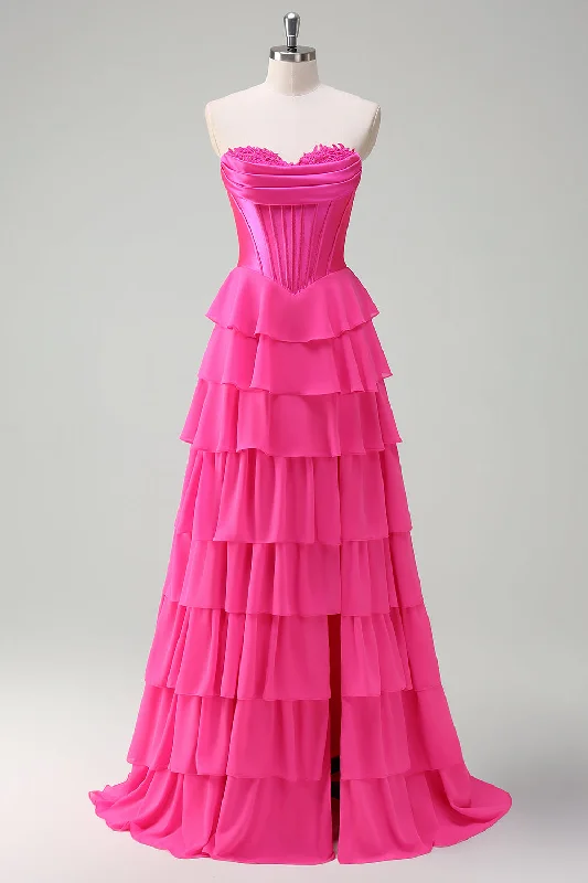 Bohemian Dresses with Tassels -Fuchsia A Line Strapless Corset Tiered Prom Dress with Ruffles