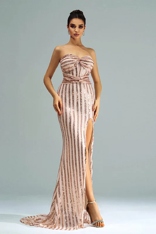 A-line Dresses for Flattering -Apricot Mermaid Strapless Sequined Split Prom Dress