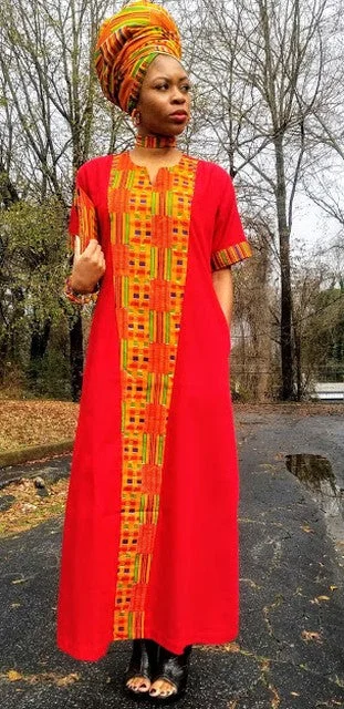 Zippered Dresses for Convenience -Red Dress with African Print Kente trimmings-DP3227BP3