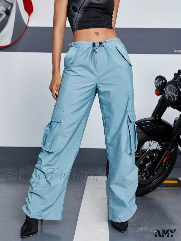 Khaki Cargo Pants for Stylish Casual Outfits -Amy Fashion - Flap Pocket Side Drawstring Waist Cargo Pants