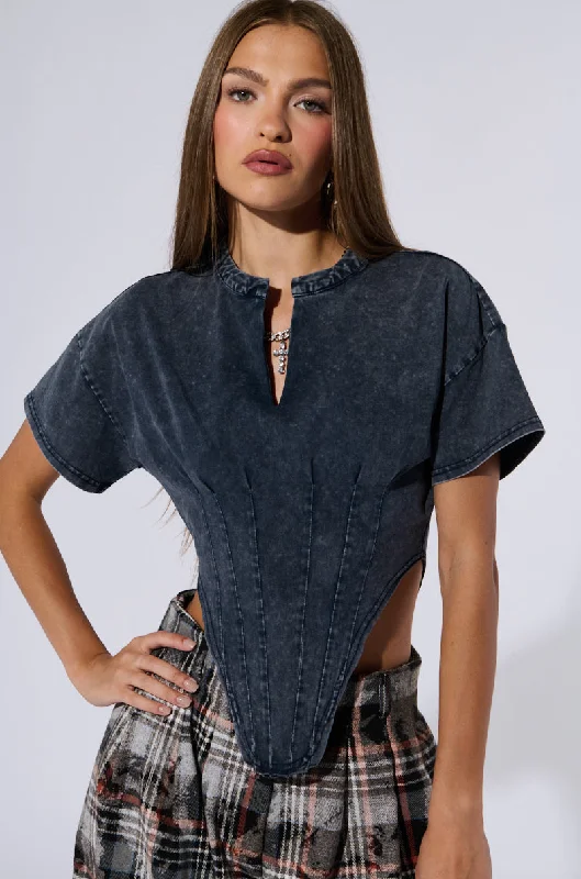 Printed Blouses with Patterns -SEIZE THE DAY SHORT SLEEVE CORSET T-SHIRT