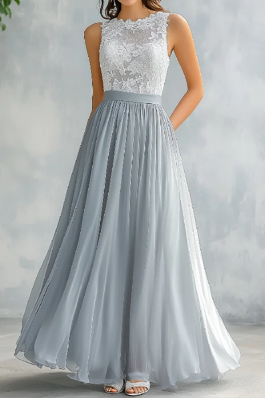 Blue Dresses for Classic -Light Grey A Line Lace Chiffon Long Bridesmaid Dress