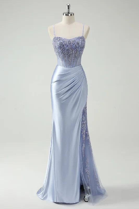 Hippie Dresses with Beads -Light Blue Mermaid Ruched Long Prom Dress with Appliqued Beading