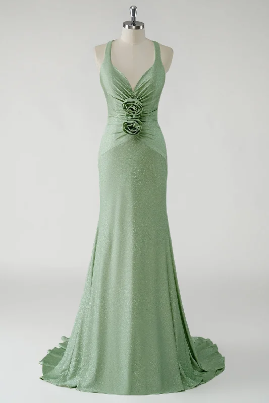 Polyester Dresses for Durable -Sparkly Sheath Green Long Prom Dress with 3D Flowers