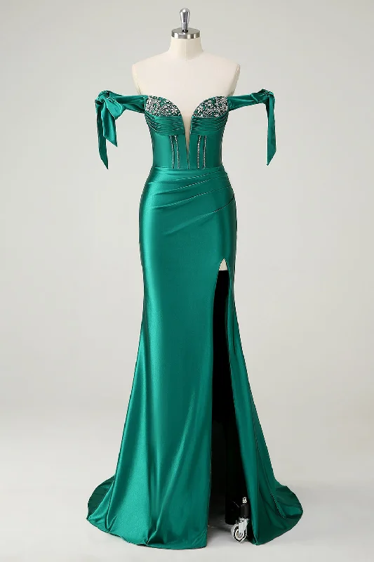 Rhinestone Dresses for Bling -Dark Green Mermaid Off The Shoulder Sequin Prom Dress with Slit