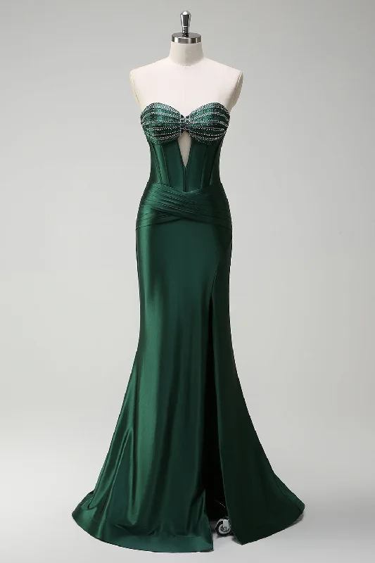 Green Dresses for Nature -Sparkly Dark Green Mermaid Beaded Corset Satin Long Prom Dress with Slit