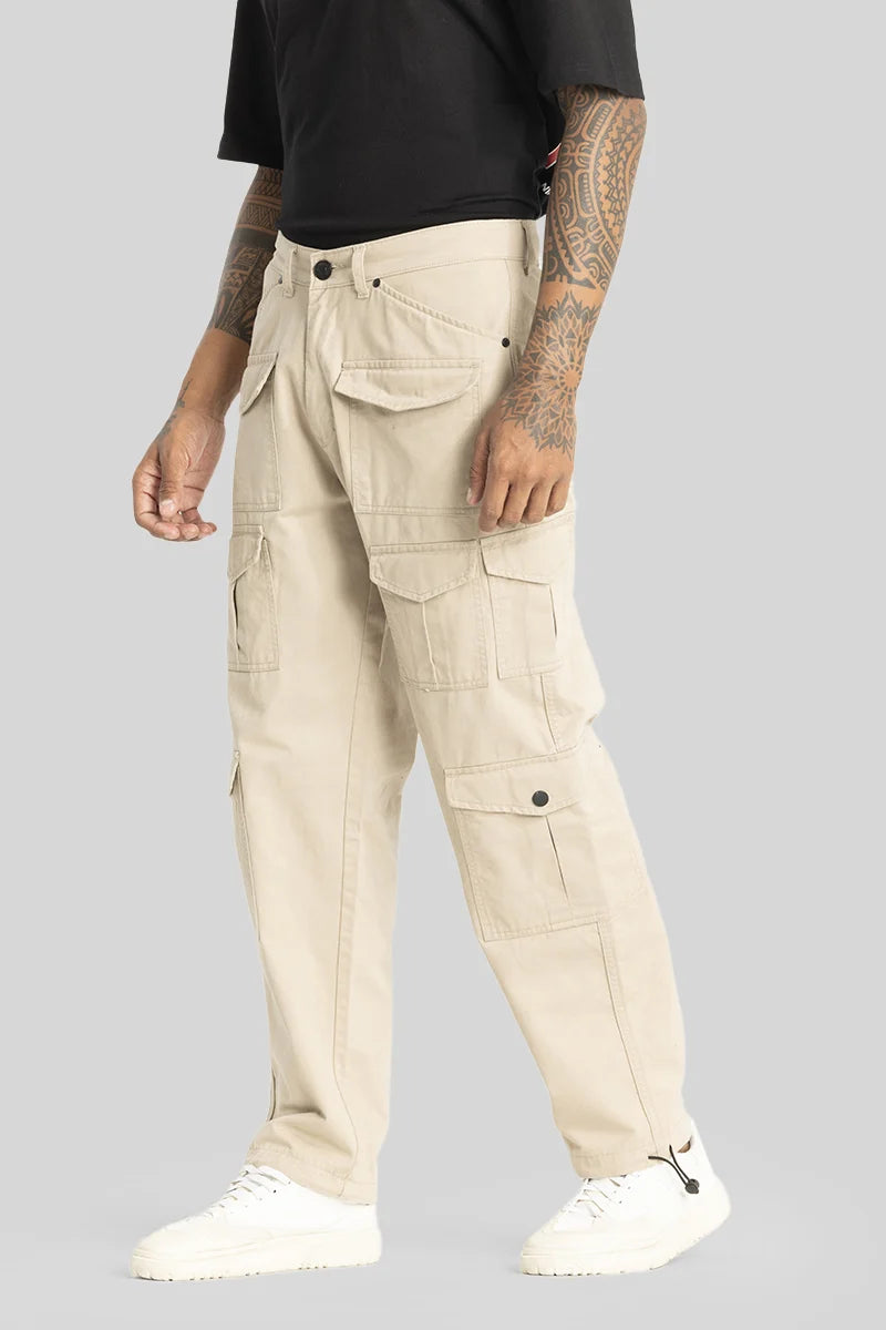 Cargo Pants with Cargo Pockets for Camping -Nils Loose Fit Beige Cargo Pants