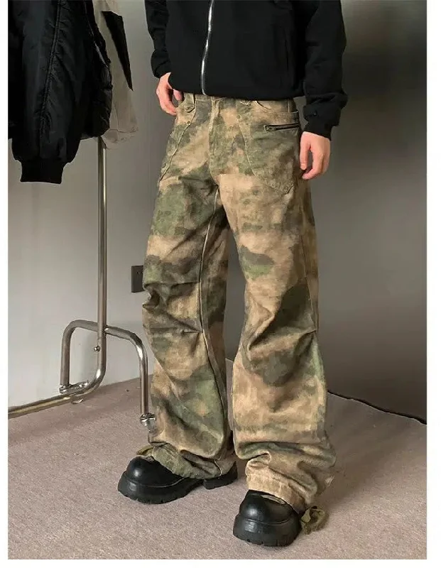 Cargo Pants with Cargo Pockets for Welders -Washed Camo Pleats Cargo Pants