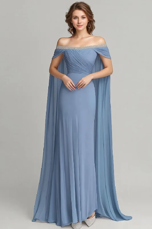 Tiered Dresses for Voluminous -Grey Blue Chiffon Off the Shoulder Side Cape Mother of the Bride Dress