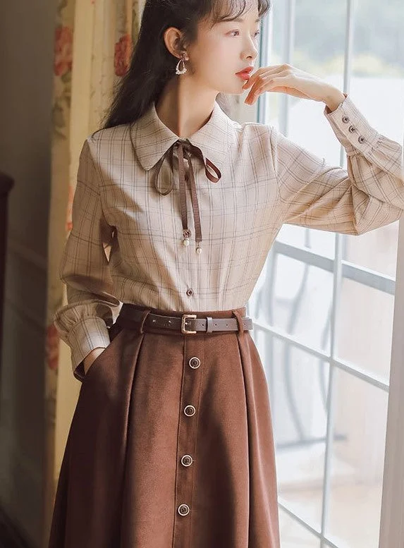 Wedding Blouses for Bridal -Retro Light Academia Shirt Skirt Set