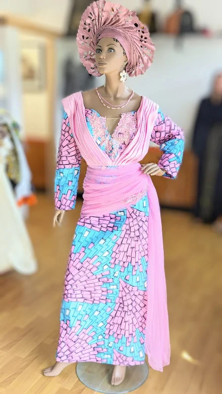 Buttoned Dresses for Stylish -Zarra Baby-Pink and Sky-Blue African Print Ankara Maxi Dress-DPXBPSB1