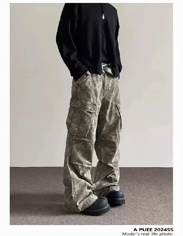 Cargo Pants with Cargo Pockets for Plumbers -Pleated Flared Camo Cargo Pants