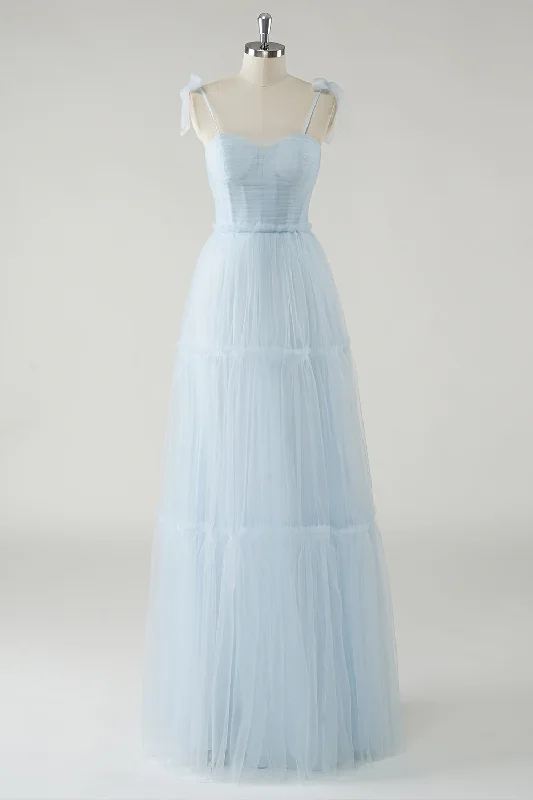 Contemporary Dresses for Fashion -A-Line Bow Tie Straps Sky Blue Tulle Long Bridesmaid Dress