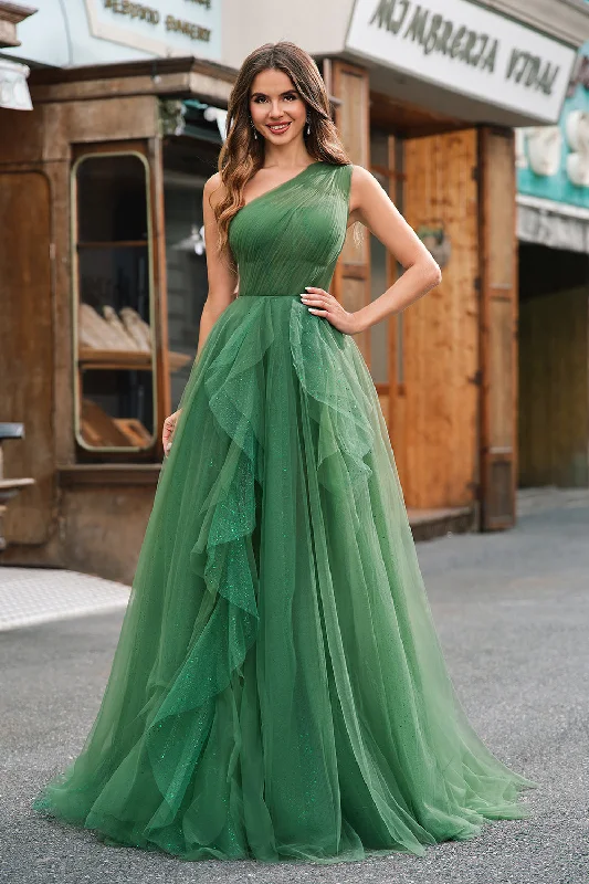 Vintage Dresses for Nostalgia -Dark Green Tulle A-Line One-Shoulder Long Prom Dress with Slit