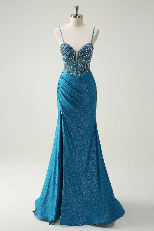 Punk Dresses with Spikes -Sparkly Blue Spaghetti Straps V-Neck Ruched Long Prom Dress with Beading