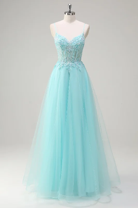 Long-sleeved Dresses for Coverage -Sky Blue Spaghetti Straps Beaded A-Line Prom Dress with Appliques