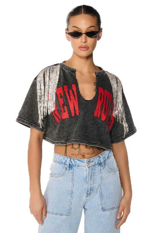 Tarnish Resistant Blouses for Long -NEW RULES CROPPED RHINESTONE DETAIL SWEATSHIRT