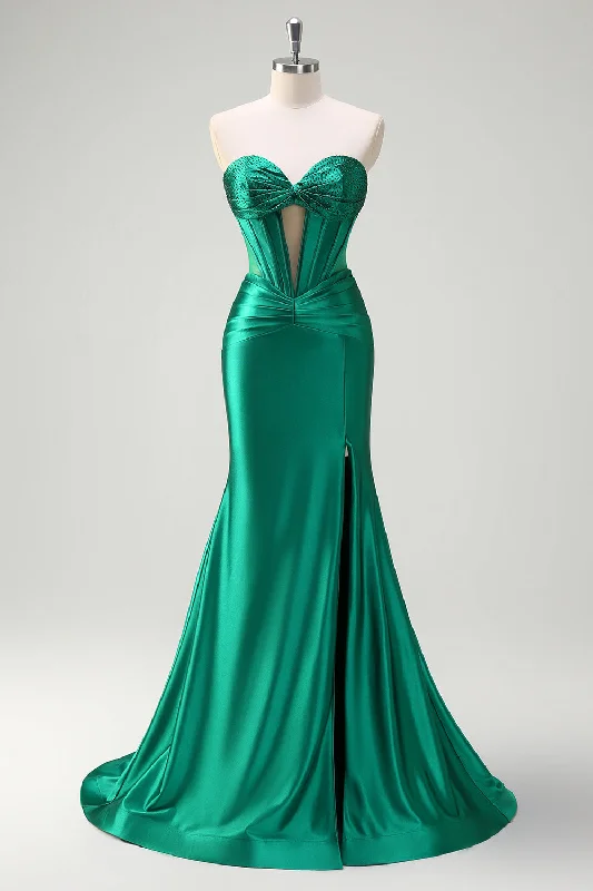 Printed Dresses with Patterns -Sparkly Dark Green Mermaid Strapless Beaded Corset Ruched Satin Prom Dress with Slit