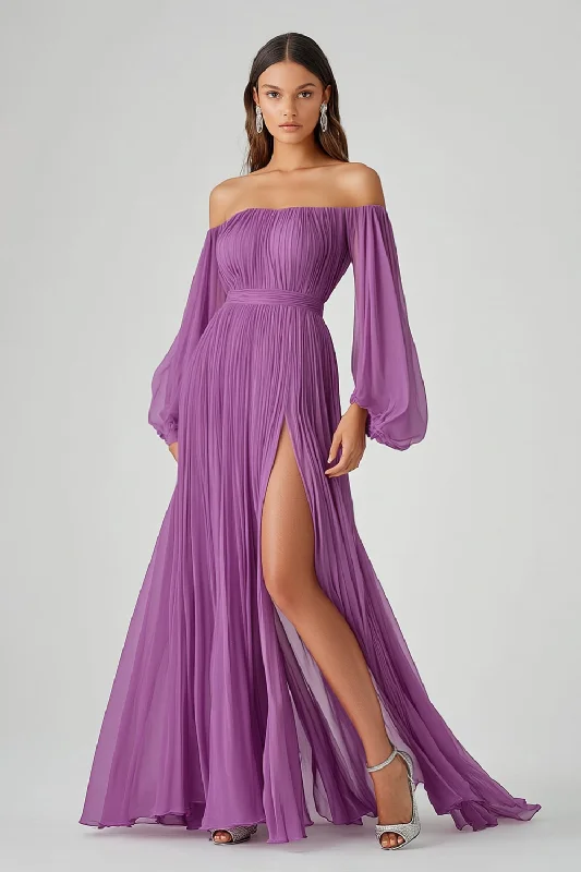 Animal Print Dresses for Fun -Purple A Line Long Sleeves Long Chiffon Formal Dress with Slit