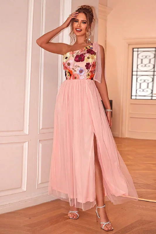 Party Dresses for Celebration -Blush Floral One Shoulder A-Line Tulle Tea Length Formal Dress